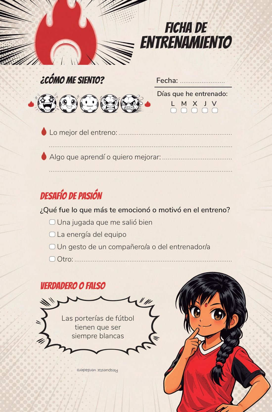 Ficha de entrenamiento — page from Mi Diario de Entrenamiento de Fútbol