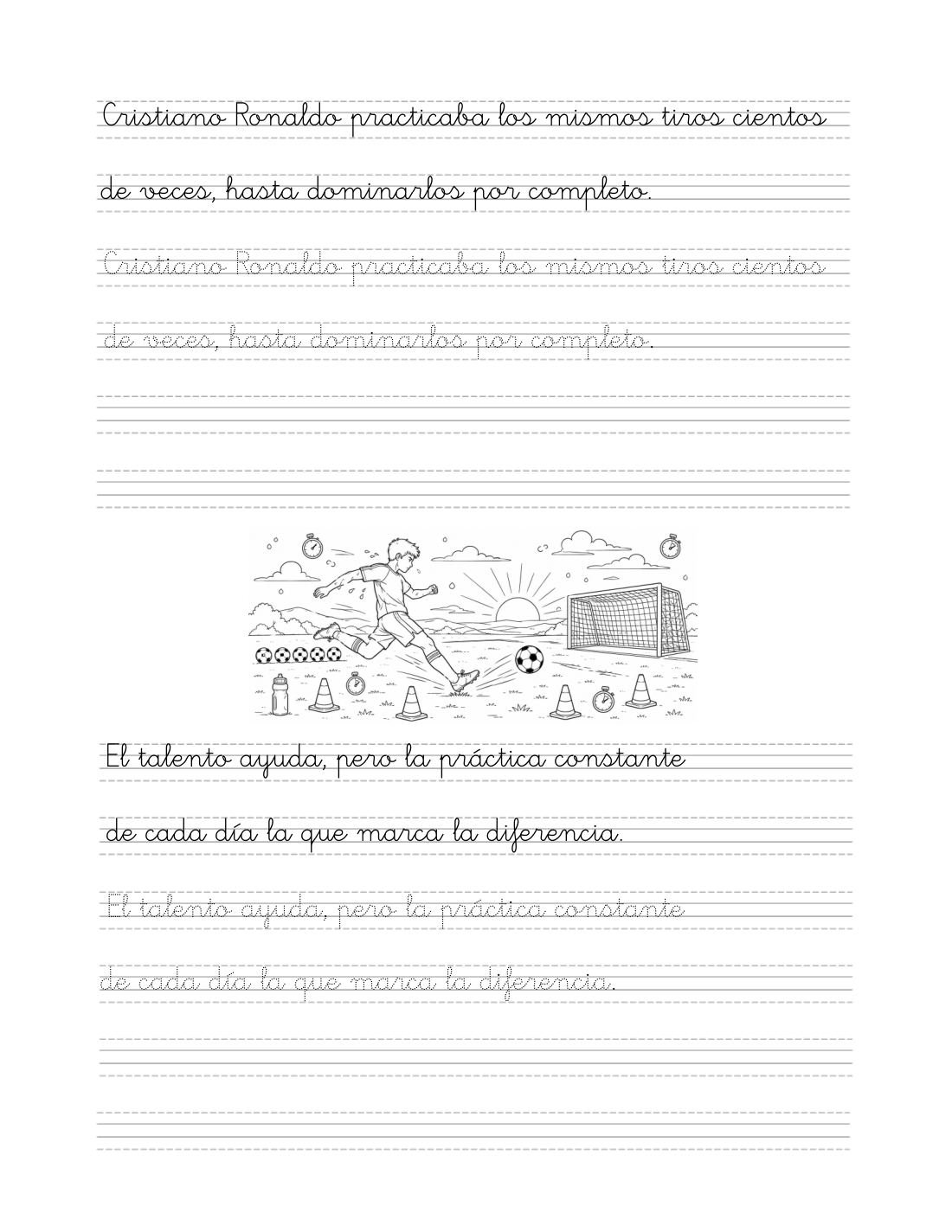 Se practica la letra sin darse cuenta, porque quiere leer el final — sample page from Caligrafía Futbolera