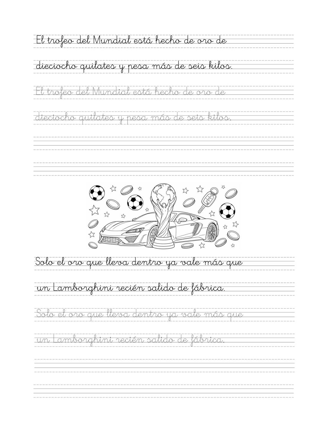 Cada frase es un dato real de fútbol, y se repasa dos veces — sample page from Caligrafía Futbolera