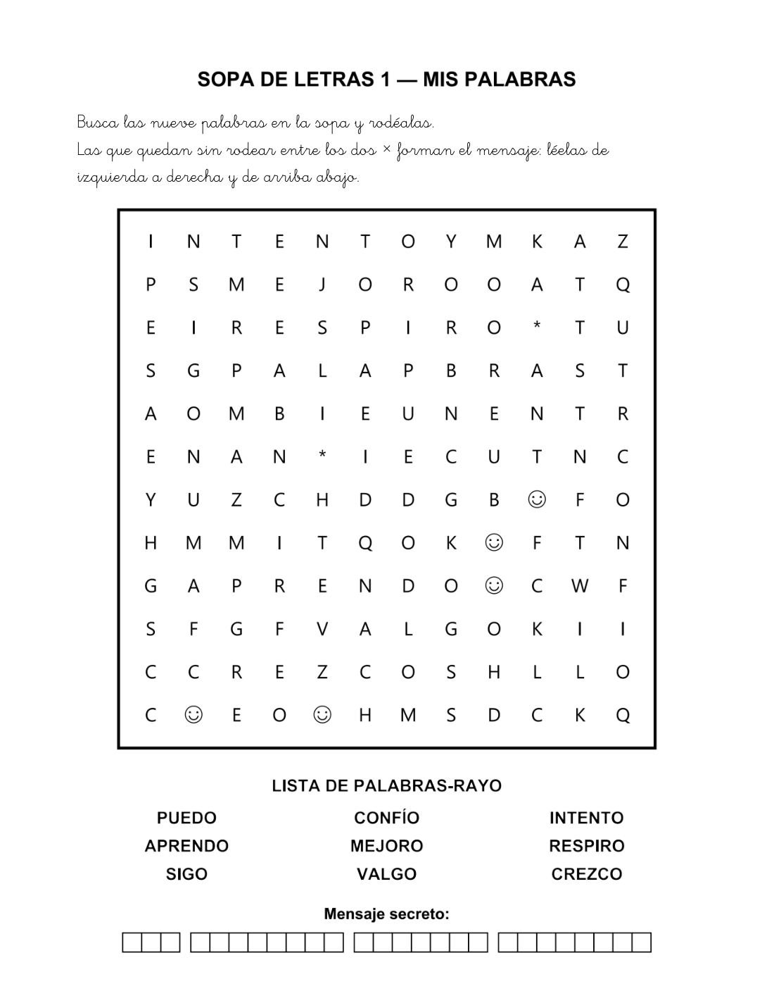 Sopa de letras con mensaje escondido entre los asteriscos — sample page from Caligrafía Futbolera