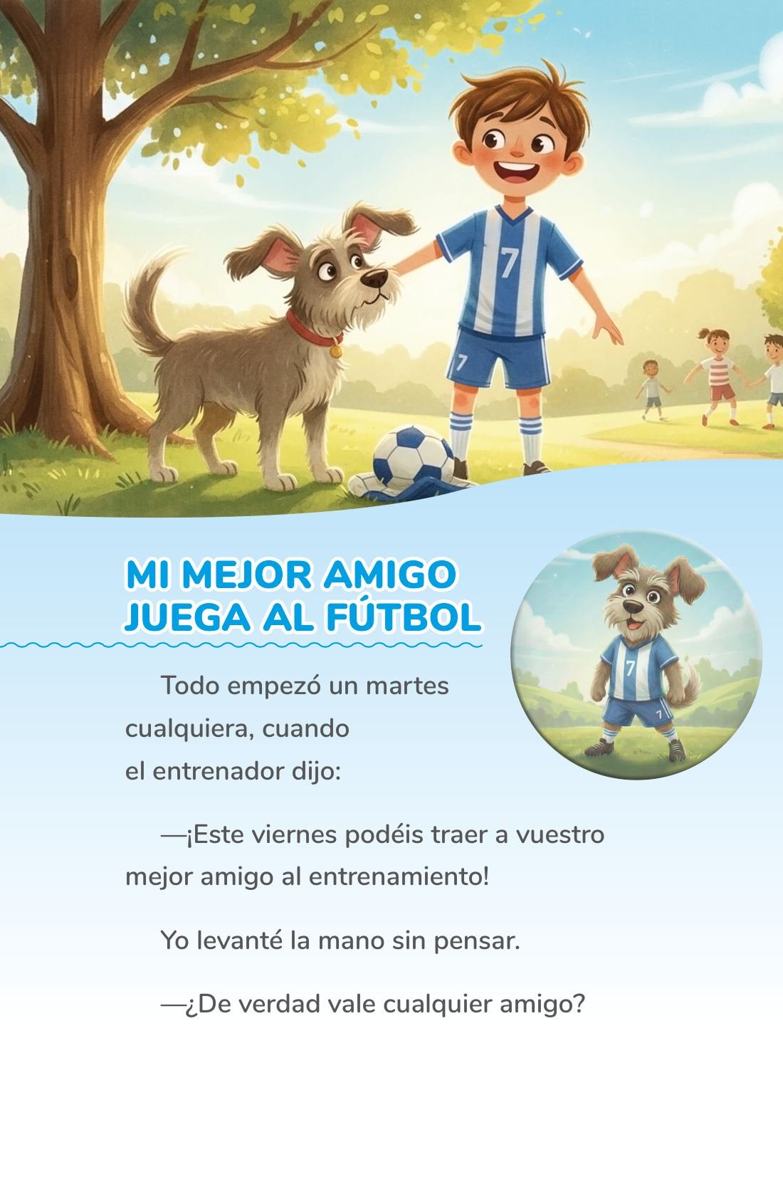 Seis cuentos, y el primero empieza con un perro que ficha por el equipo — sample page from Cuentos mágicos de fútbol