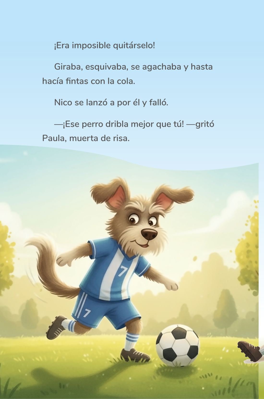 Ilustraciones a todo color en cada página — sample page from Cuentos mágicos de fútbol