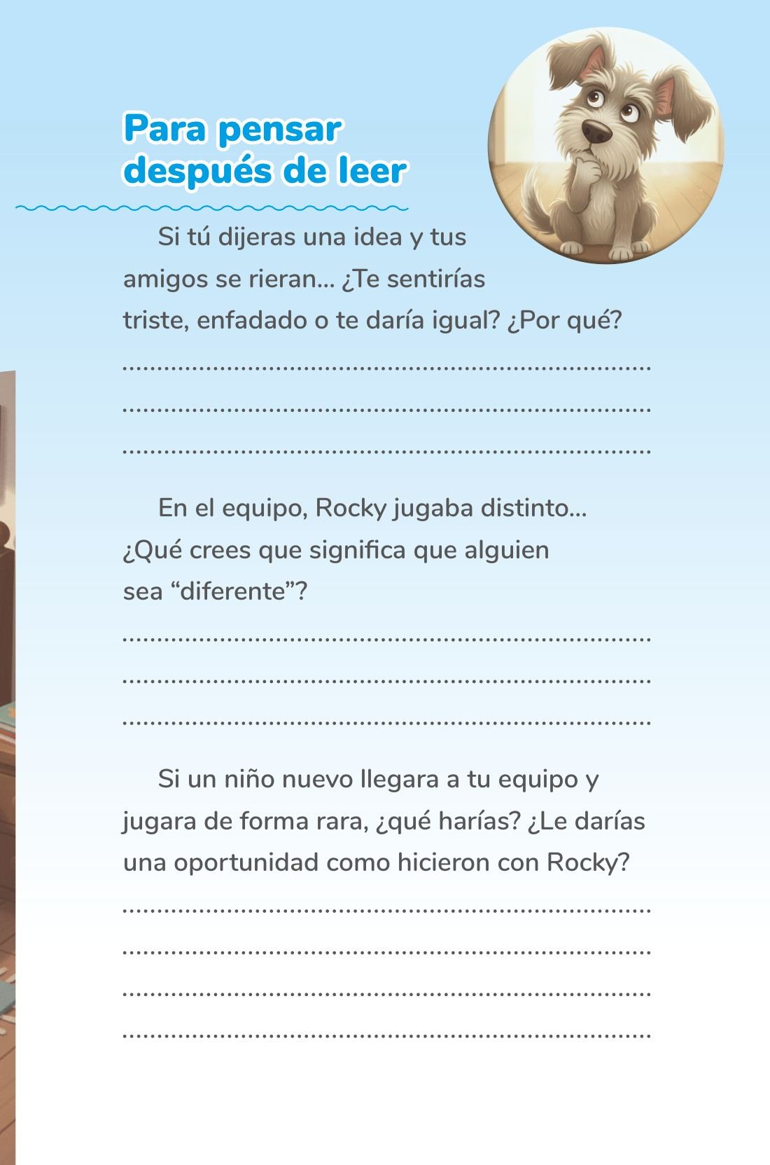 Para pensar después de leer: dos preguntas, sin moraleja — sample page from Cuentos mágicos de fútbol