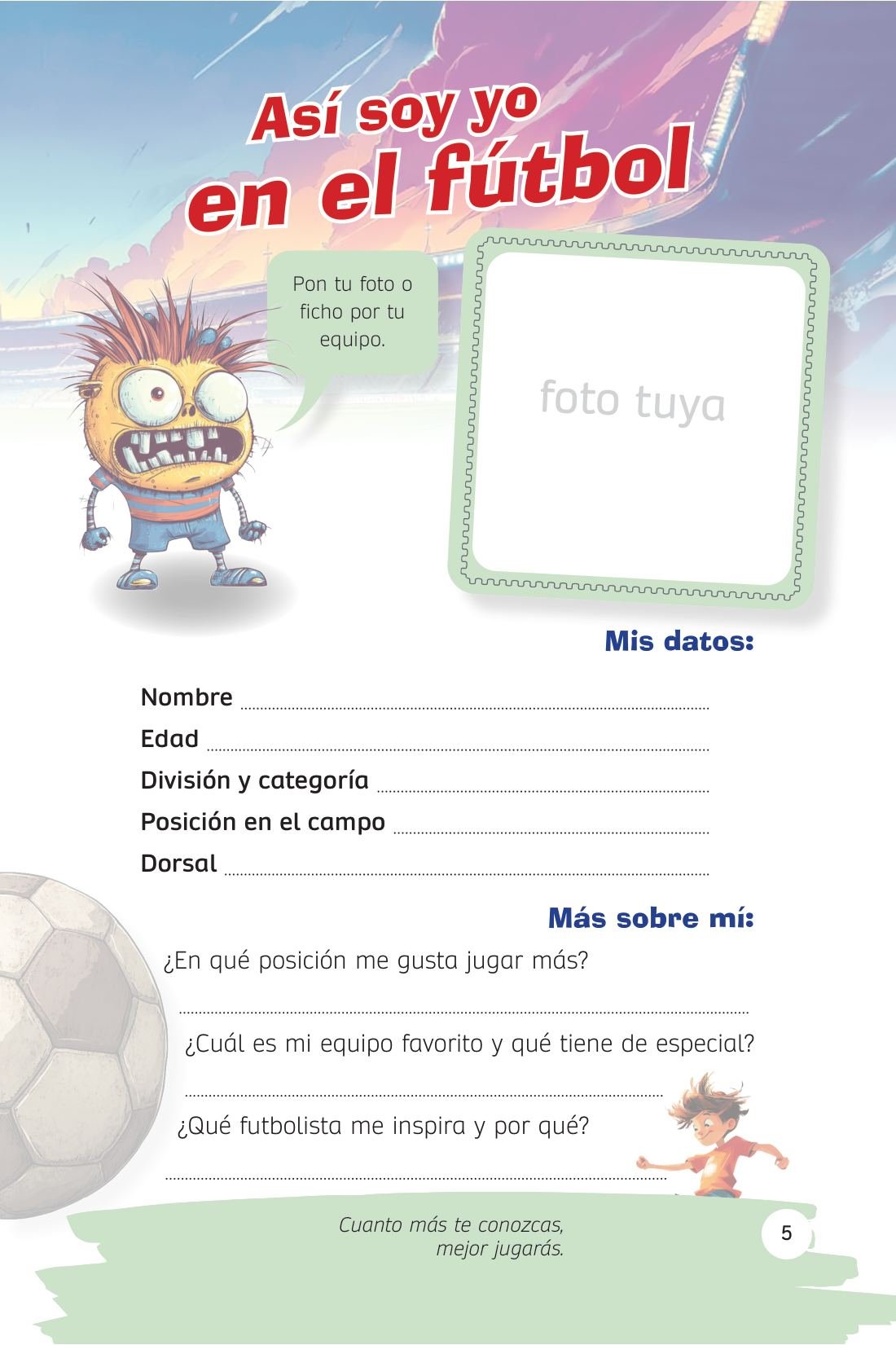 Empieza por quien escribe: nombre, dorsal, posición y lo que le gusta — sample page from Despierta el poder de tu juego