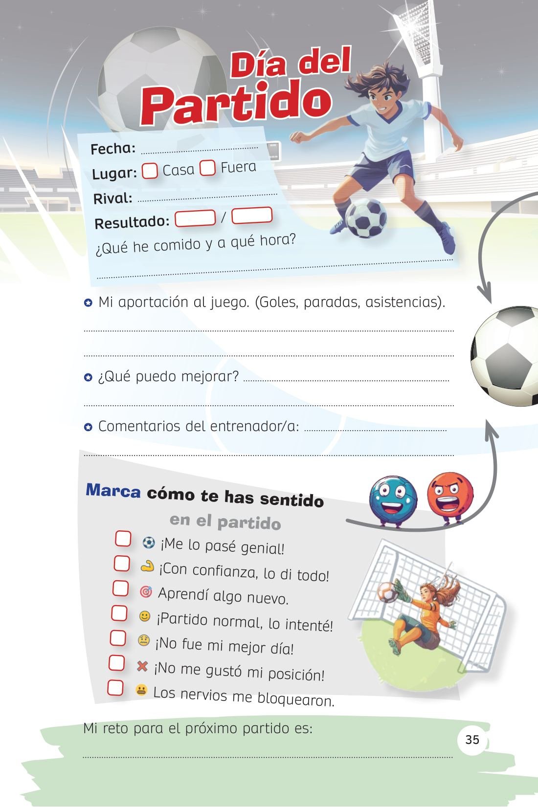 Ficha de partido: cómo jugó, cómo se sintió, qué aprendió — sample page from Despierta el poder de tu juego