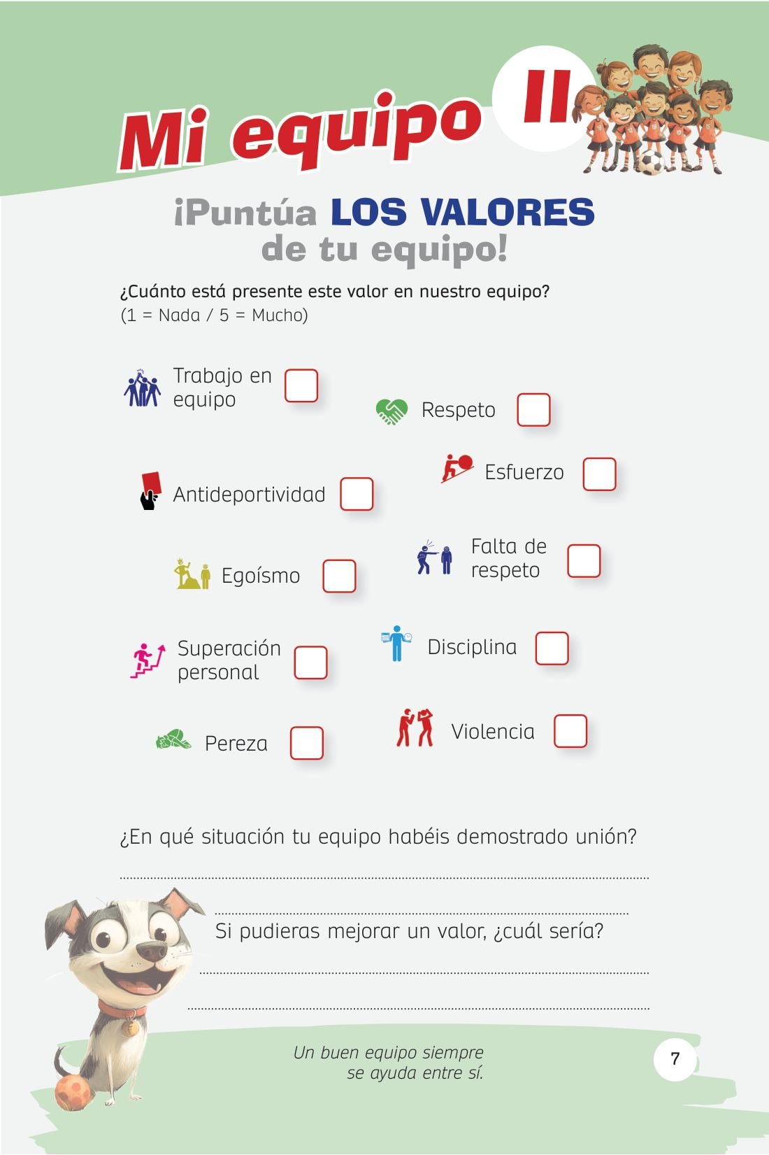 Puntúa los valores de su equipo, los buenos y los malos — sample page from Despierta el poder de tu juego