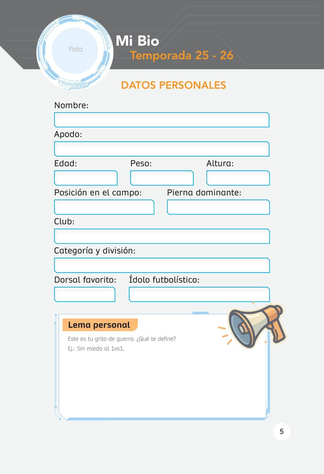 Ficha de quien juega: peso, altura, posición, pierna dominante — sample page from Domina tu juego
